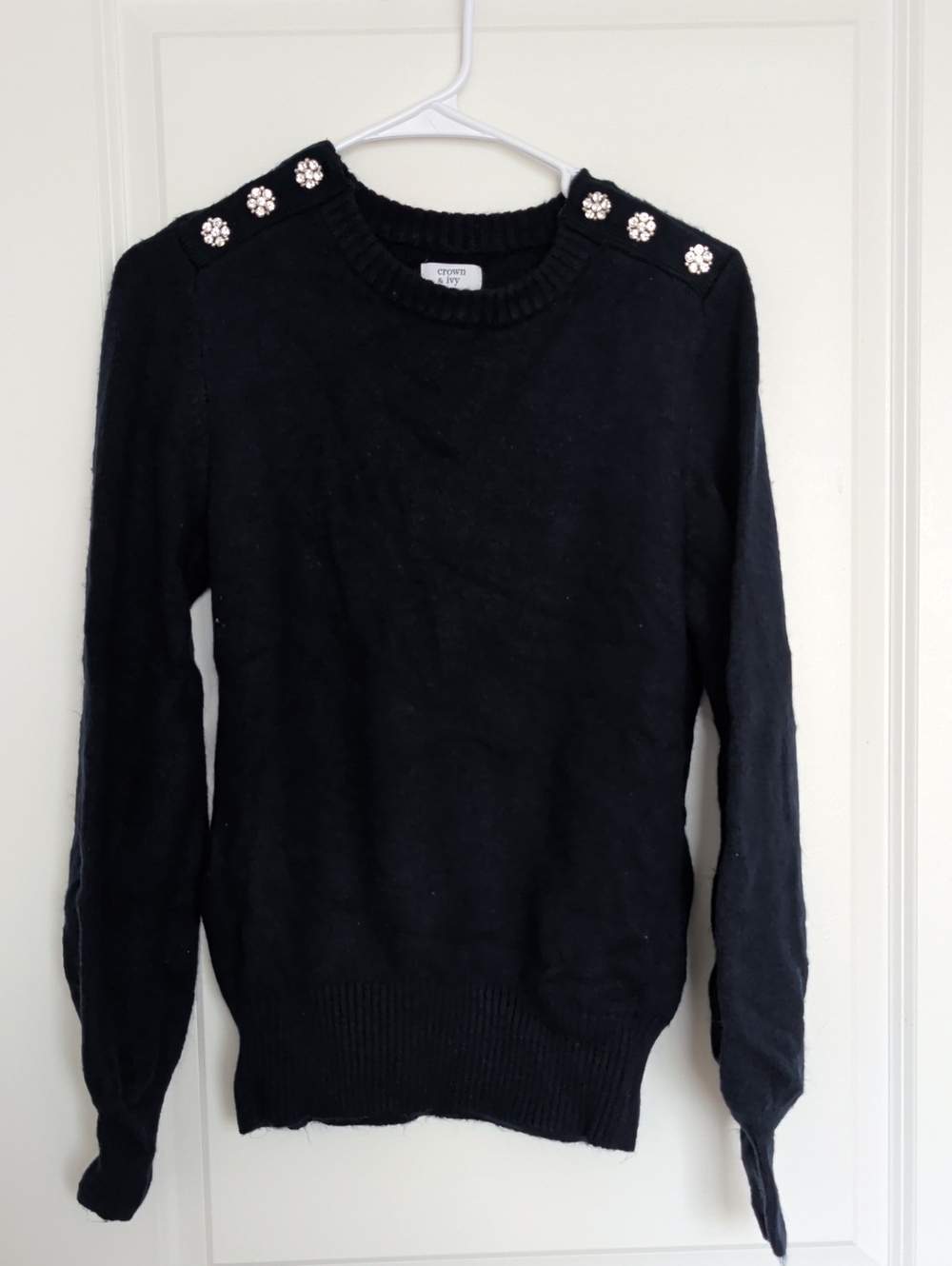 crown & ivy Black Crewneck Sweater with Rhinestone Floral Buttons